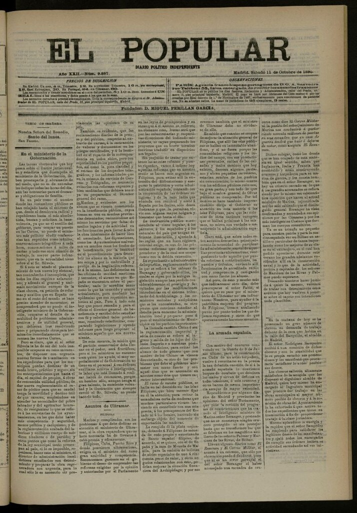 Miniatura de El Popular: diario independiente, político, literario y de noticias de interés general del 11 de octubre de 1890, nº 9887