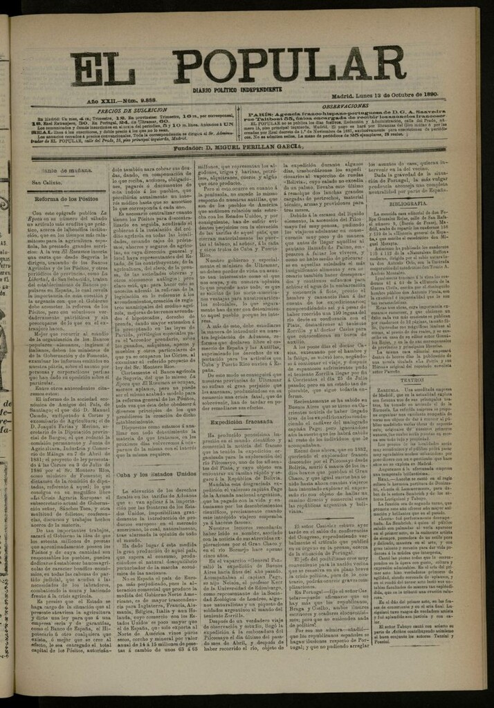 Miniatura de El Popular: diario independiente, político, literario y de noticias de interés general del 13 de octubre de 1890, nº 9888