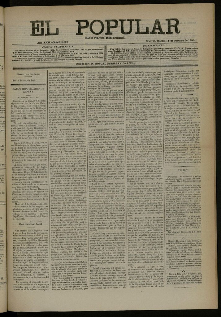 Miniatura de El Popular: diario independiente, político, literario y de noticias de interés general del 14 de octubre de 1890, nº 9889