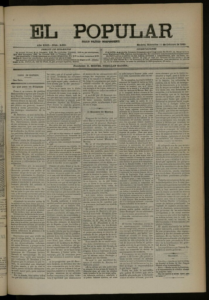Miniatura de El Popular: diario independiente, político, literario y de noticias de interés general del 15 de octubre de 1890, nº 9890
