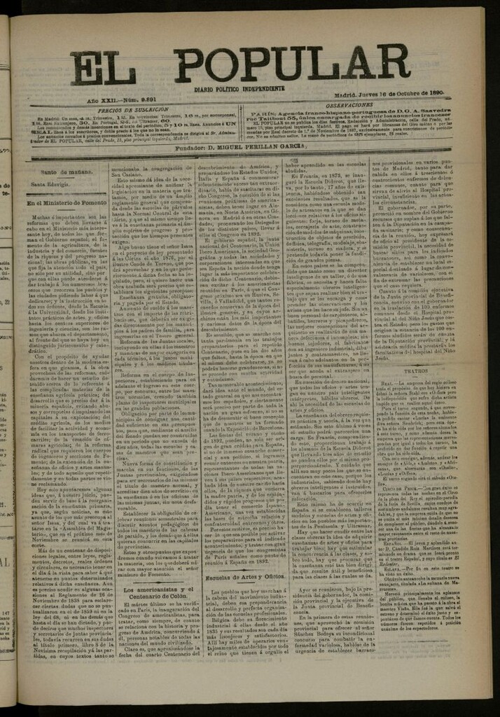Miniatura de El Popular: diario independiente, político, literario y de noticias de interés general del 16 de octubre de 1890, nº 9891