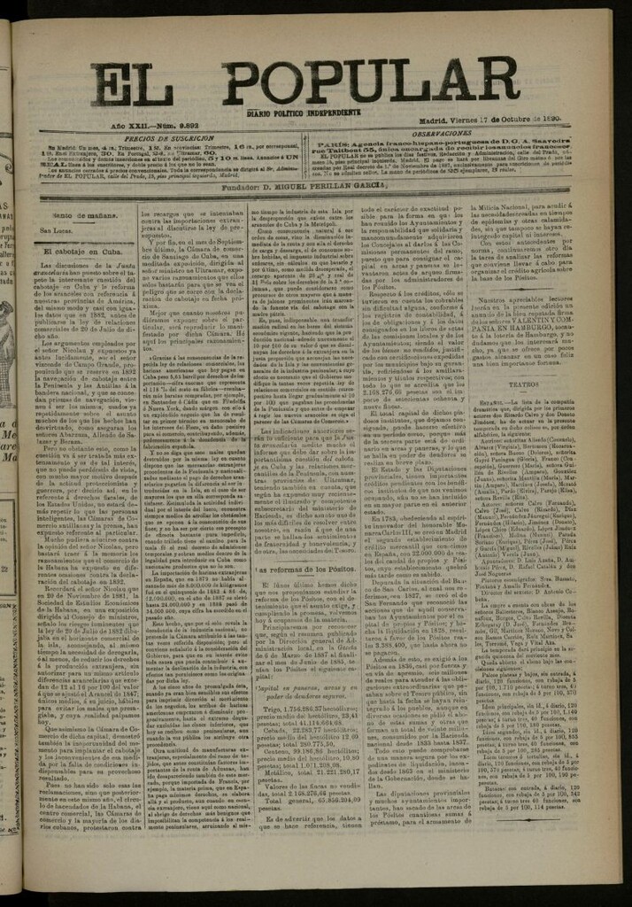 Miniatura de El Popular: diario independiente, político, literario y de noticias de interés general del 17 de octubre de 1890, nº 9892