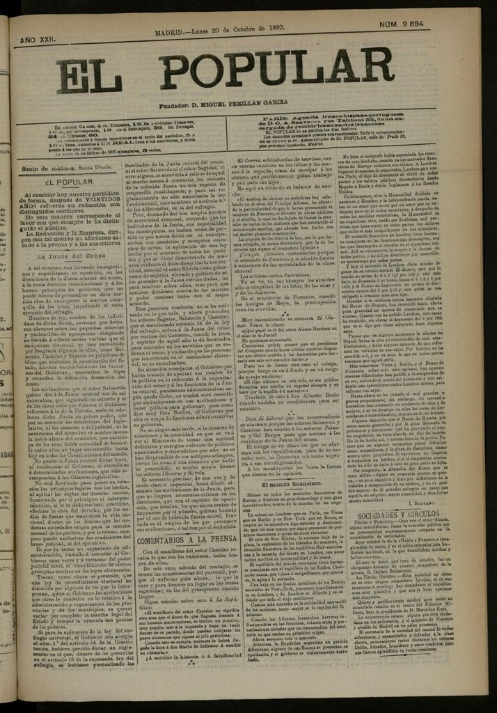 Miniatura de El Popular: diario independiente, político, literario y de noticias de interés general del 20 de octubre de 1890, nº 9894