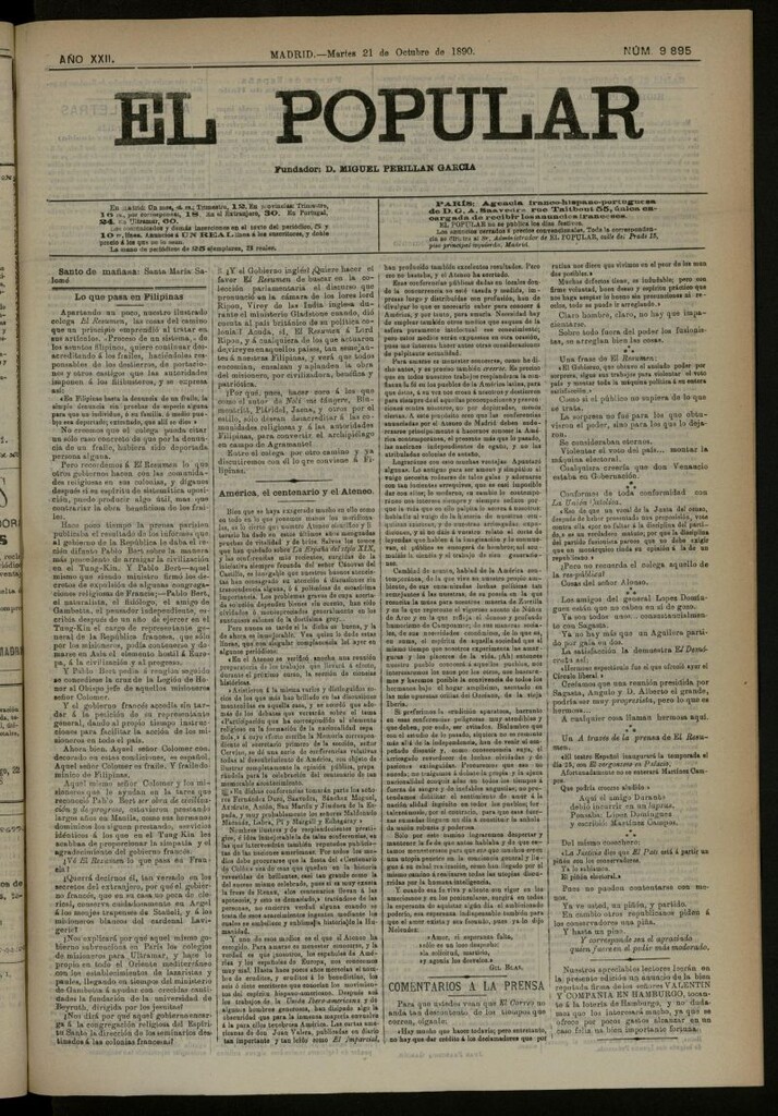 Miniatura de El Popular: diario independiente, político, literario y de noticias de interés general del 21 de octubre de 1890, nº 9895