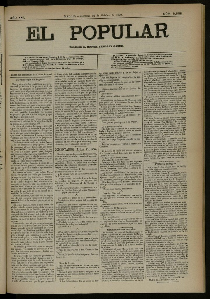 Miniatura de El Popular: diario independiente, político, literario y de noticias de interés general del 22 de octubre de 1890, nº 9896