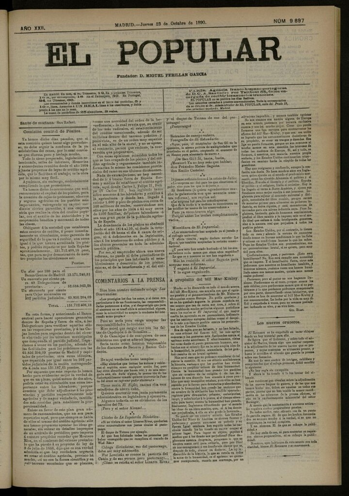 Miniatura de El Popular: diario independiente, político, literario y de noticias de interés general del 23 de octubre de 1890, nº 9897