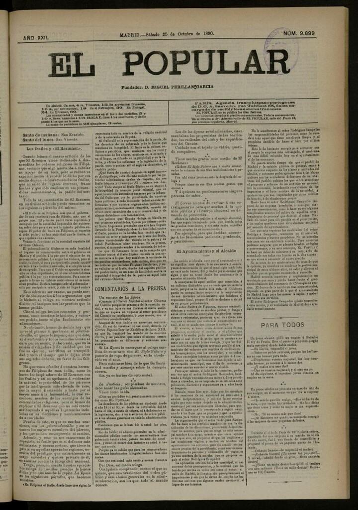 Miniatura de El Popular: diario independiente, político, literario y de noticias de interés general del 25 de octubre de 1890, nº 9899