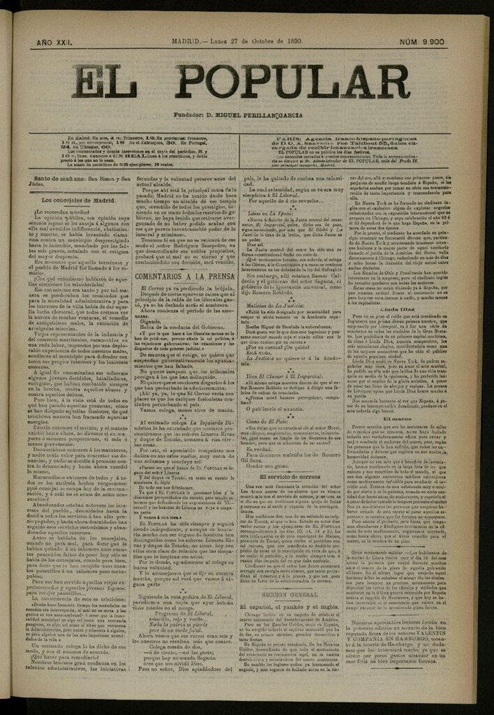 Miniatura de El Popular: diario independiente, político, literario y de noticias de interés general del 27 de octubre de 1890, nº 9900