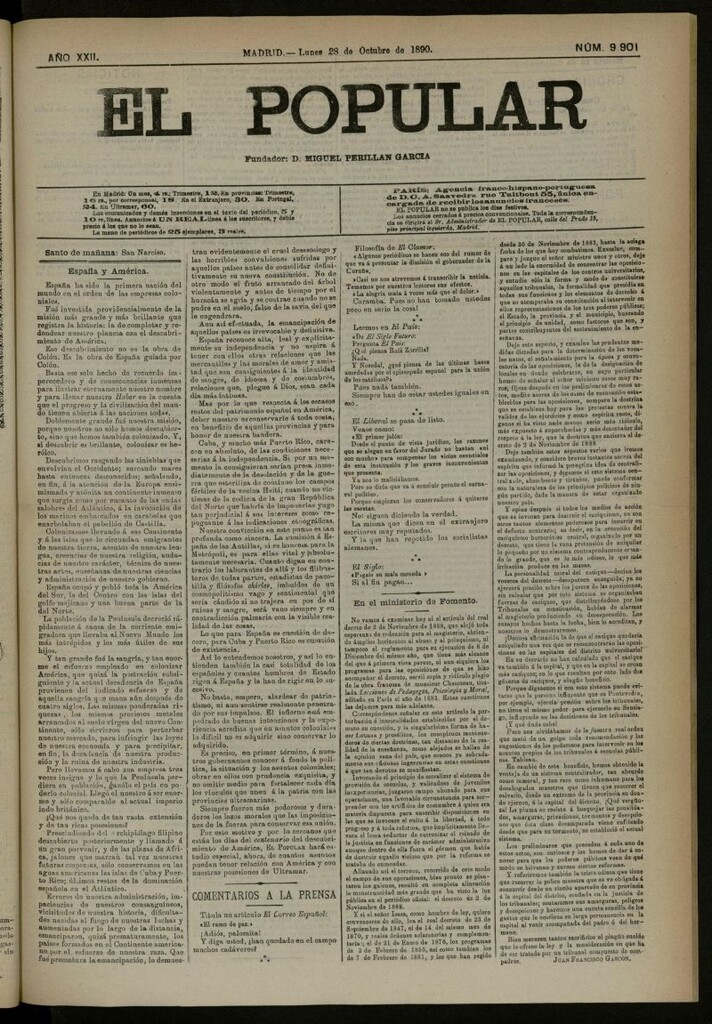 Miniatura de El Popular: diario independiente, político, literario y de noticias de interés general del 28 de octubre de 1890, nº 9901