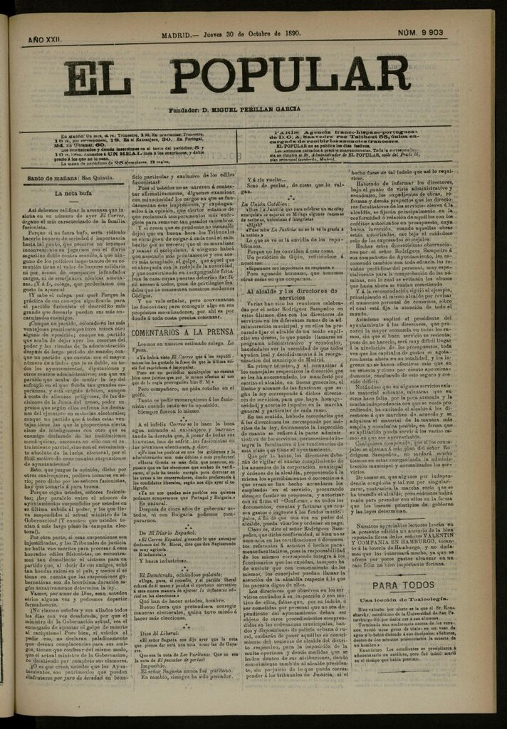 Miniatura de El Popular: diario independiente, político, literario y de noticias de interés general del 30 de octubre de 1890, nº 9903