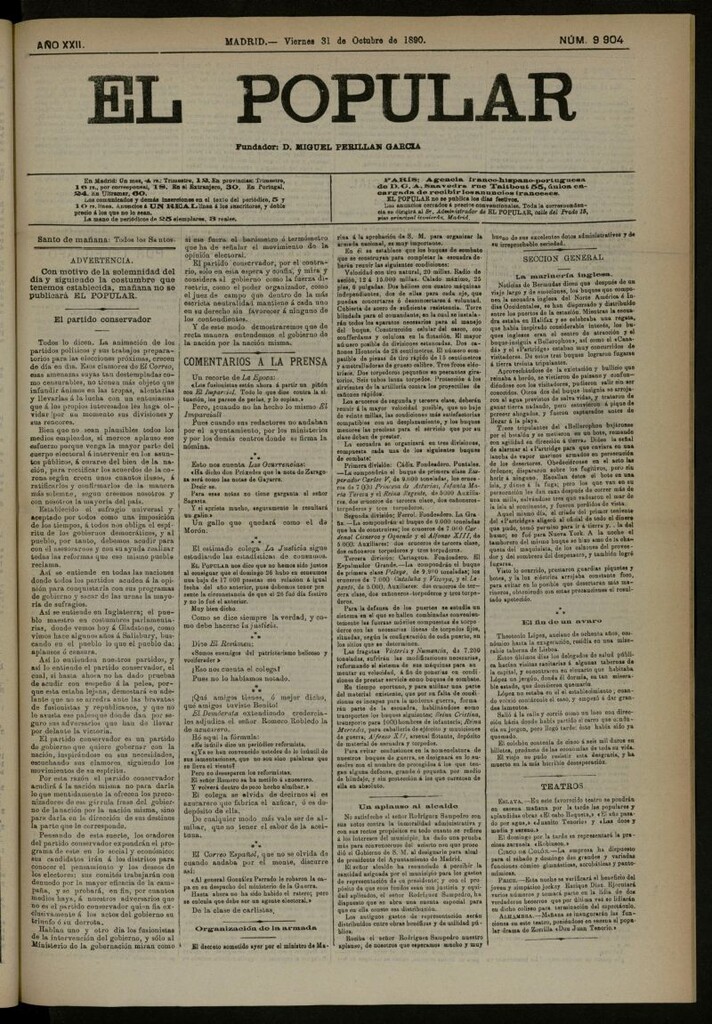 Miniatura de El Popular: diario independiente, político, literario y de noticias de interés general del 31 de octubre de 1890, nº 9904