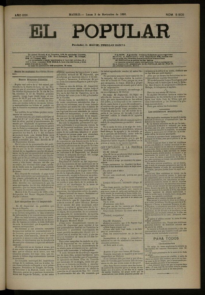 Miniatura de El Popular: diario independiente, político, literario y de noticias de interés general del 3 de noviembre de 1890, nº 9905