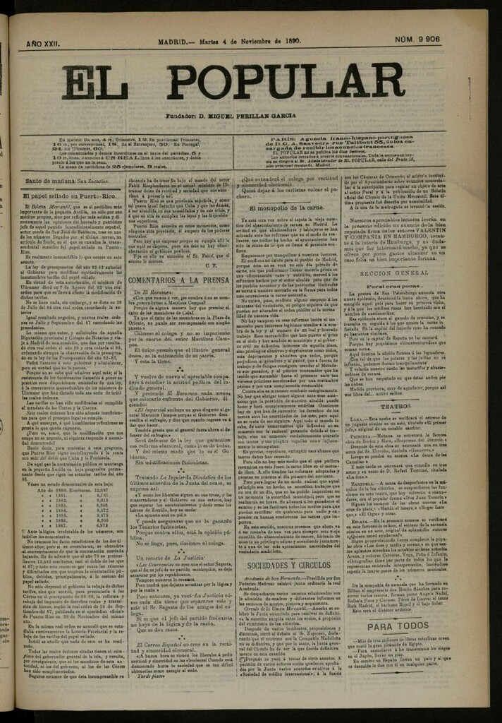 Miniatura de El Popular: diario independiente, político, literario y de noticias de interés general del 4 de noviembre de 1890, nº 9906