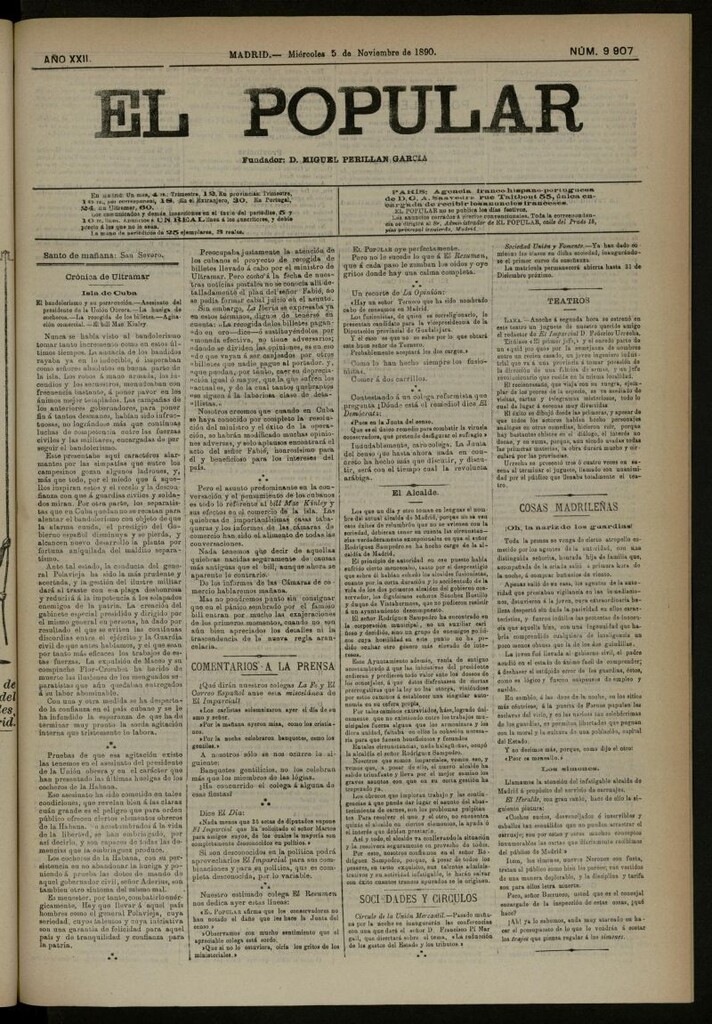 Miniatura de El Popular: diario independiente, político, literario y de noticias de interés general del 5 de noviembre de 1890, nº 9907
