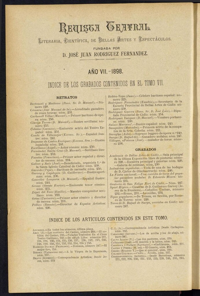 Miniatura de Revista Teatral, Literaria, Científica, de Bellas Artes y Espectáculos. 1898. Índices