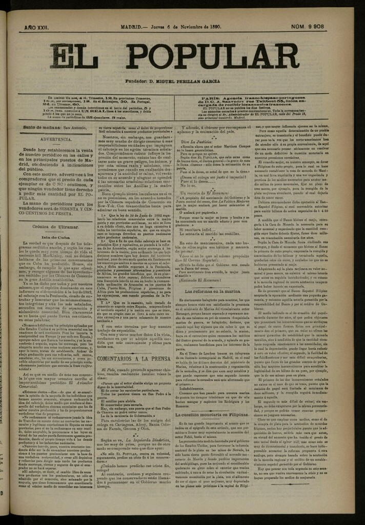 Miniatura de El Popular: diario independiente, político, literario y de noticias de interés general del 6 de noviembre de 1890, nº 9908