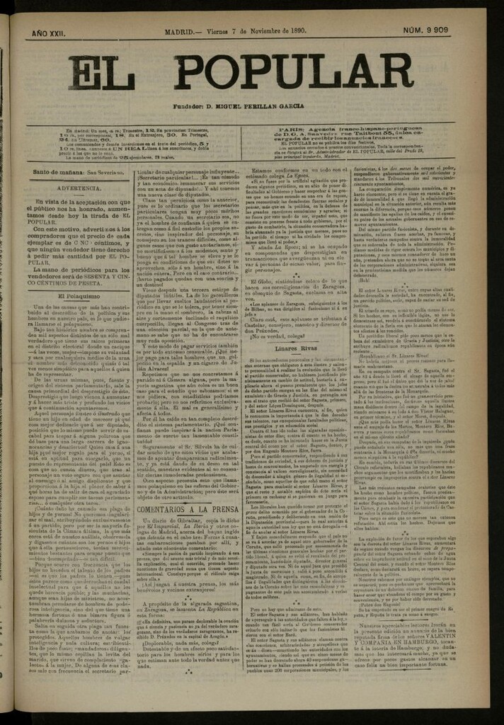 Miniatura de El Popular: diario independiente, político, literario y de noticias de interés general del 7 de noviembre de 1890, nº 9909