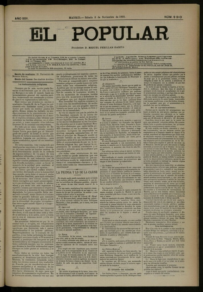 Miniatura de El Popular: diario independiente, político, literario y de noticias de interés general del 8 de noviembre de 1890, nº 9910