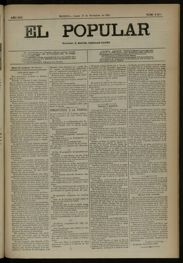 Miniatura de El Popular: diario independiente, político, literario y de noticias de interés general del 10 de noviembre de 1890, nº 9911