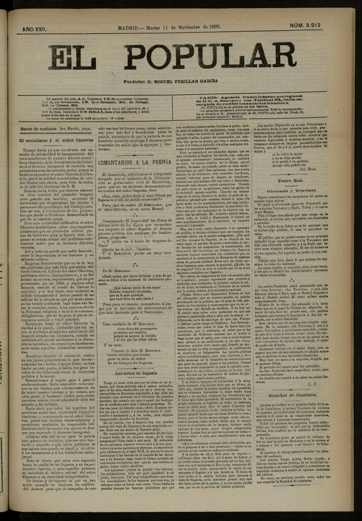 Miniatura de El Popular: diario independiente, político, literario y de noticias de interés general del 11 de noviembre de 1890, nº 9912
