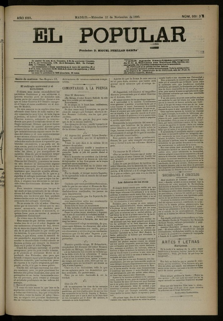 Miniatura de El Popular: diario independiente, político, literario y de noticias de interés general del 12 de noviembre de 1890, nº 9913
