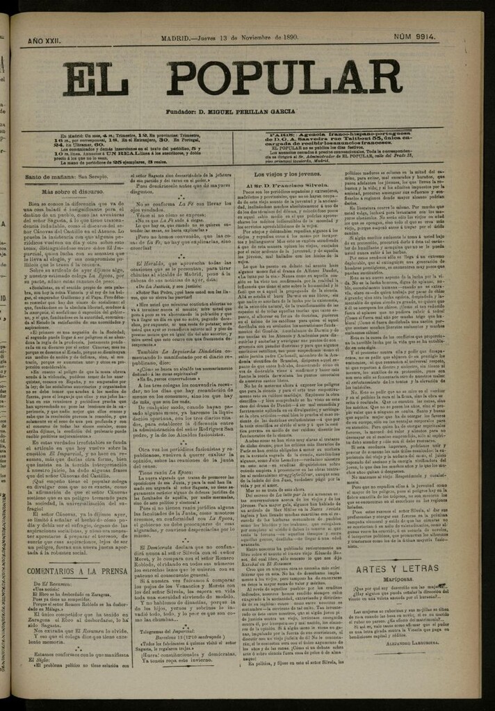 Miniatura de El Popular: diario independiente, político, literario y de noticias de interés general del 13 de noviembre de 1890, nº 9914