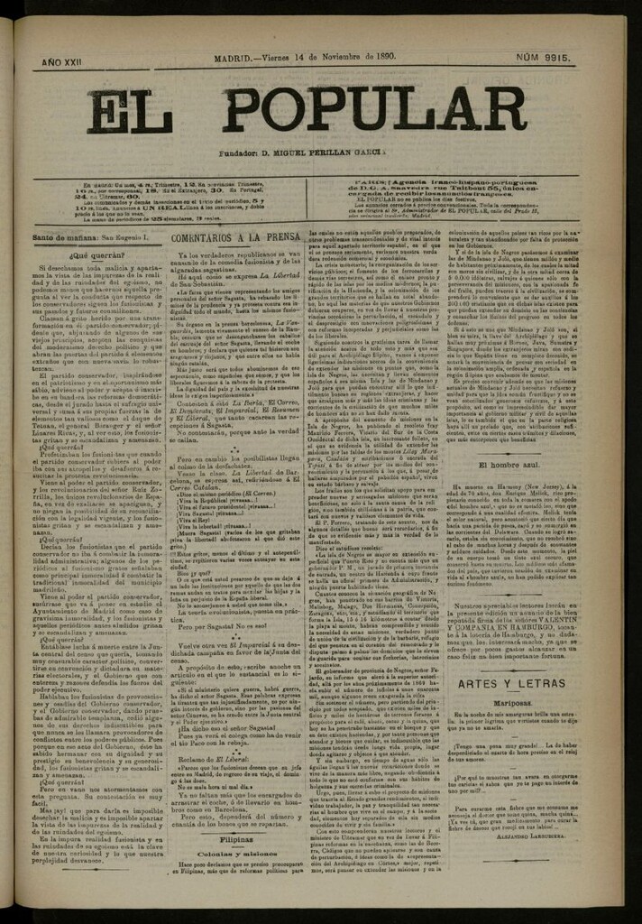 Miniatura de El Popular: diario independiente, político, literario y de noticias de interés general del 14 de noviembre de 1890, nº 9915