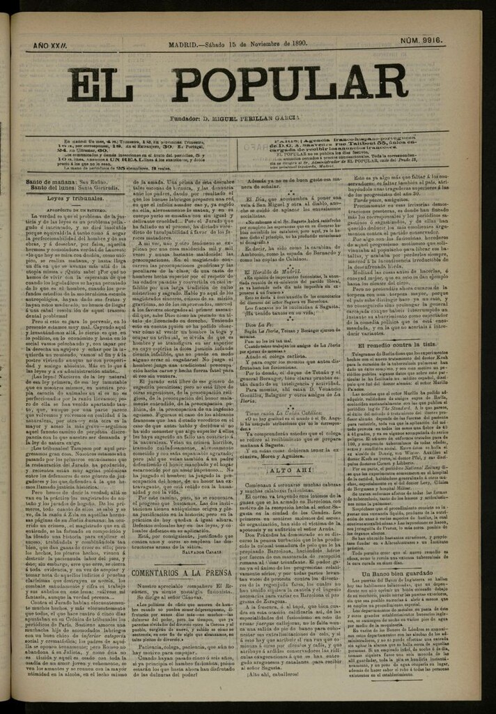 Miniatura de El Popular: diario independiente, político, literario y de noticias de interés general del 15 de noviembre de 1890, nº 9916