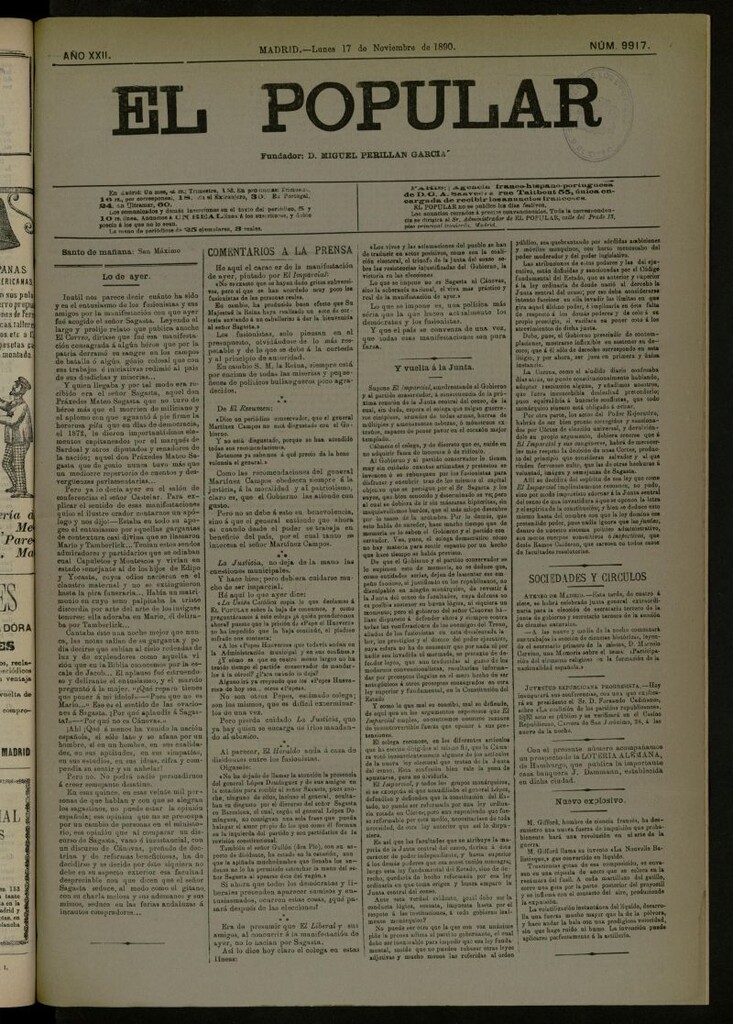 Miniatura de El Popular: diario independiente, político, literario y de noticias de interés general del 17 de noviembre de 1890, nº 9917