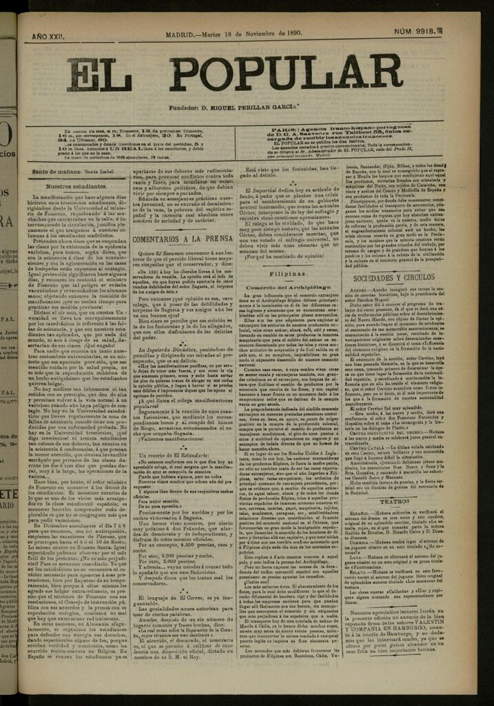 Miniatura de El Popular: diario independiente, político, literario y de noticias de interés general del 18 de noviembre de 1890, nº 9918
