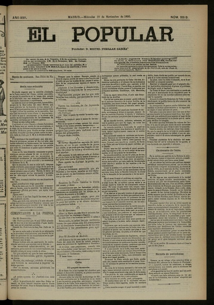 Miniatura de El Popular: diario independiente, político, literario y de noticias de interés general del 19 de noviembre de 1890, nº 9919