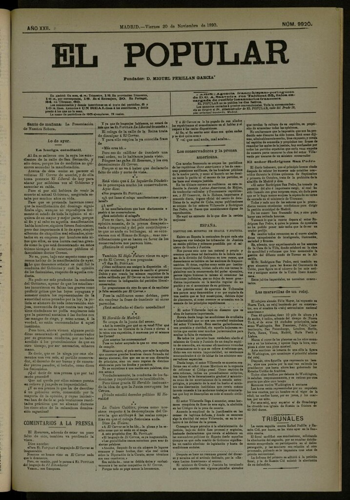 Miniatura de El Popular: diario independiente, político, literario y de noticias de interés general del 20 de noviembre de 1890, nº 9920