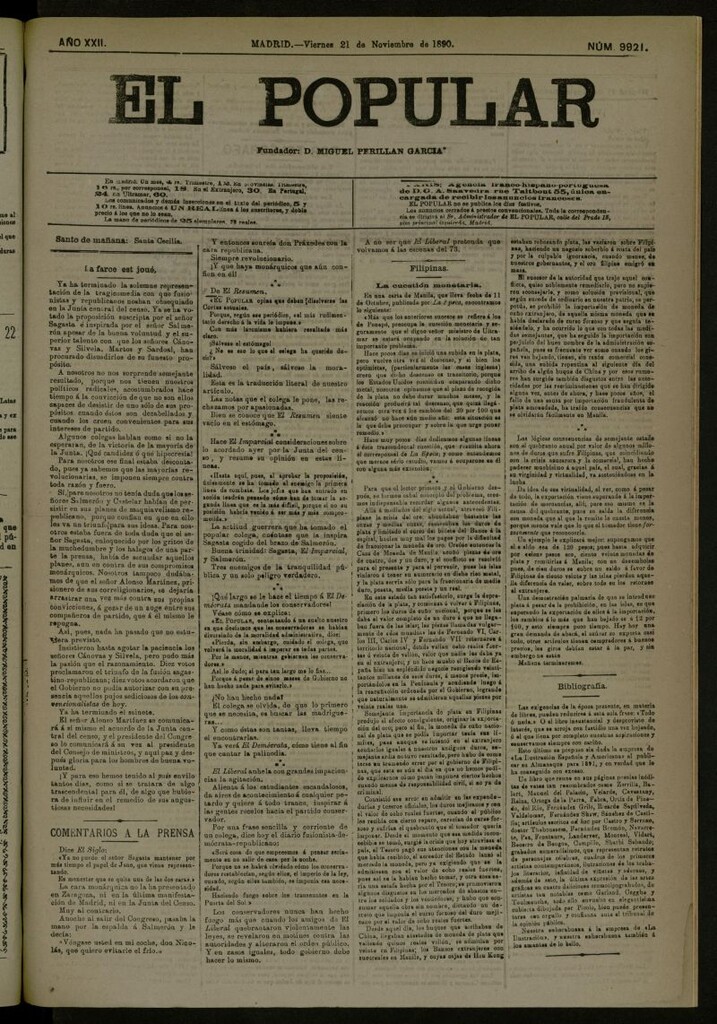 Miniatura de El Popular: diario independiente, político, literario y de noticias de interés general del 21 de noviembre de 1890, nº 9921