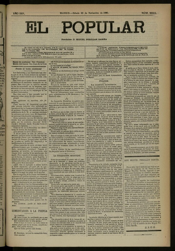 Miniatura de El Popular: diario independiente, político, literario y de noticias de interés general del 22 de noviembre de 1890, nº 9922