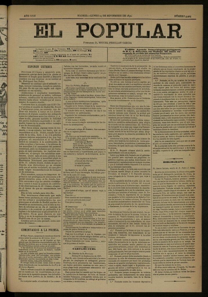 Miniatura de El Popular: diario independiente, político, literario y de noticias de interés general del 24 de noviembre de 1890, nº 9924