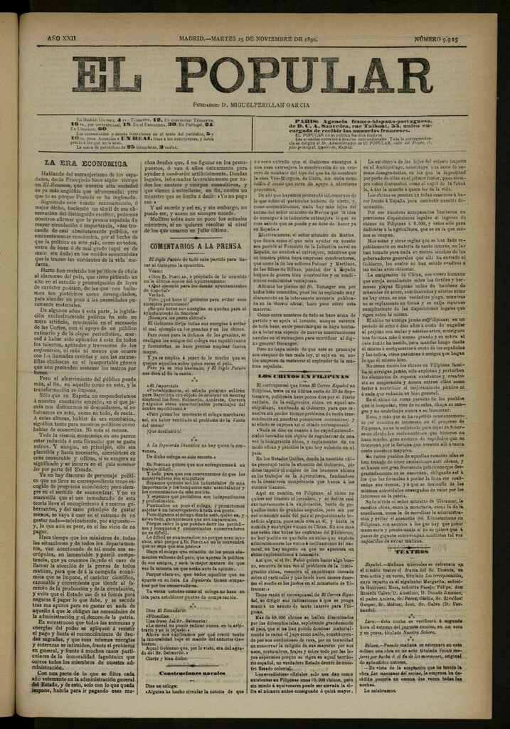 Miniatura de El Popular: diario independiente, político, literario y de noticias de interés general del 25 de noviembre de 1890, nº 9925