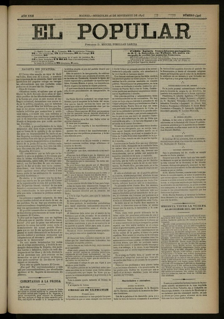 Miniatura de El Popular: diario independiente, político, literario y de noticias de interés general del 26 de noviembre de 1890, nº 9926