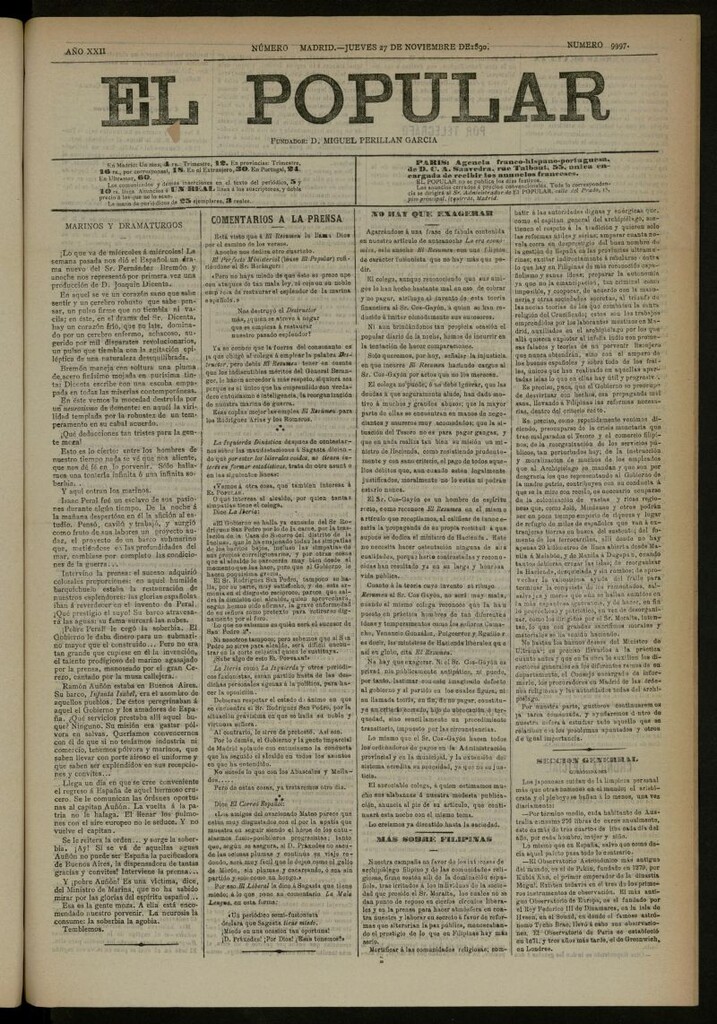 Miniatura de El Popular: diario independiente, político, literario y de noticias de interés general del 27 de noviembre de 1890, nº 9997 [sic]