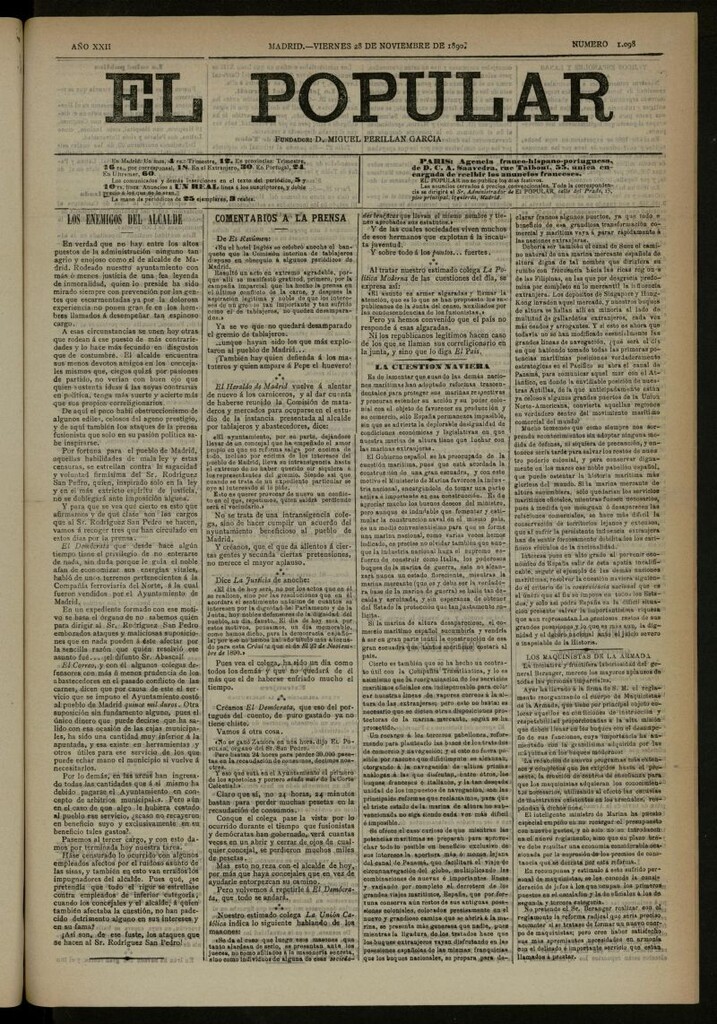 Miniatura de El Popular: diario independiente, político, literario y de noticias de interés general del 28 de noviembre de 1890, nº 1098 [sic]