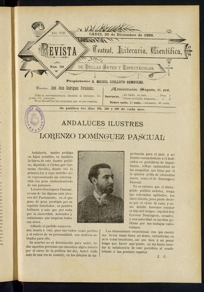 Miniatura de Revista Teatral, Literaria, Científica, de Bellas Artes y Espectáculos. Nº 291