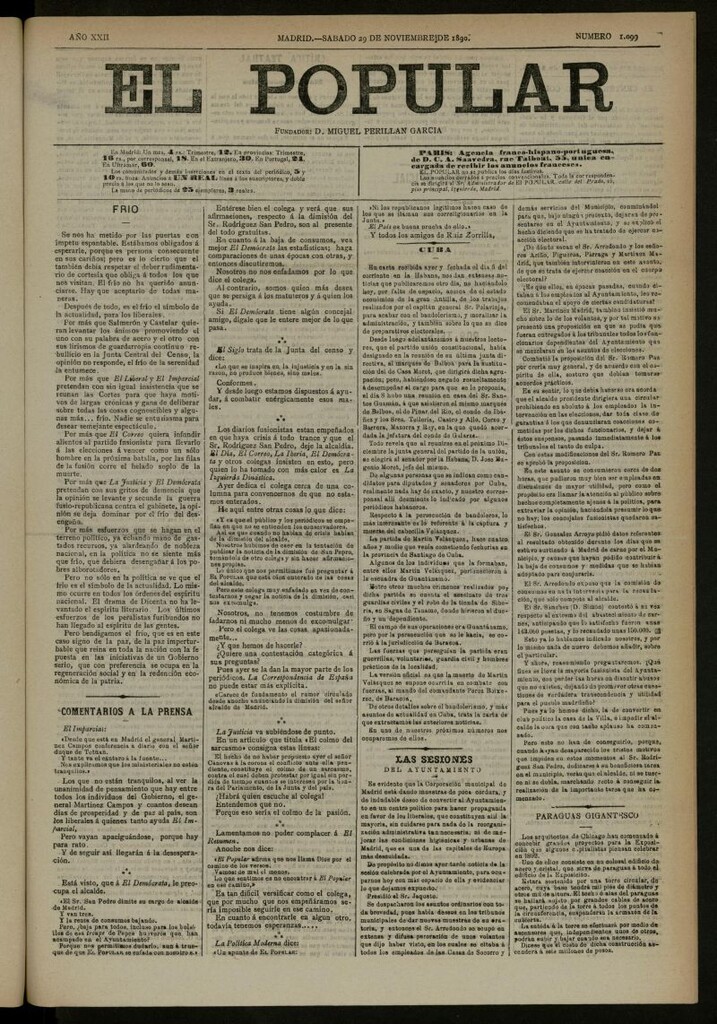 Miniatura de El Popular: diario independiente, político, literario y de noticias de interés general del 29 de noviembre de 1890, nº 1099 [sic]