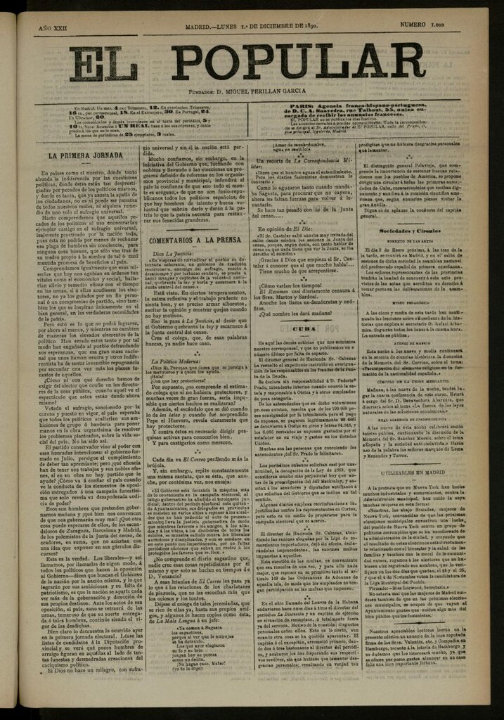 Miniatura de El Popular: diario independiente, político, literario y de noticias de interés general del 1 de diciembre de 1890, nº 1000 [sic]