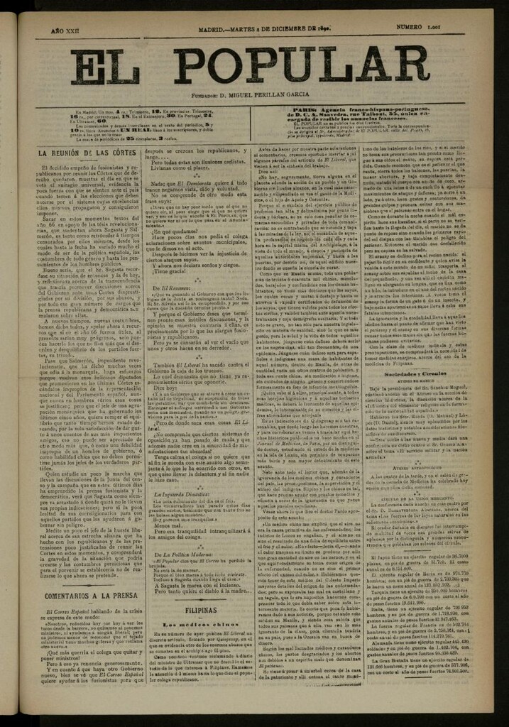 Miniatura de El Popular: diario independiente, político, literario y de noticias de interés general del 2 de diciembre de 1890, nº 1001 [sic]