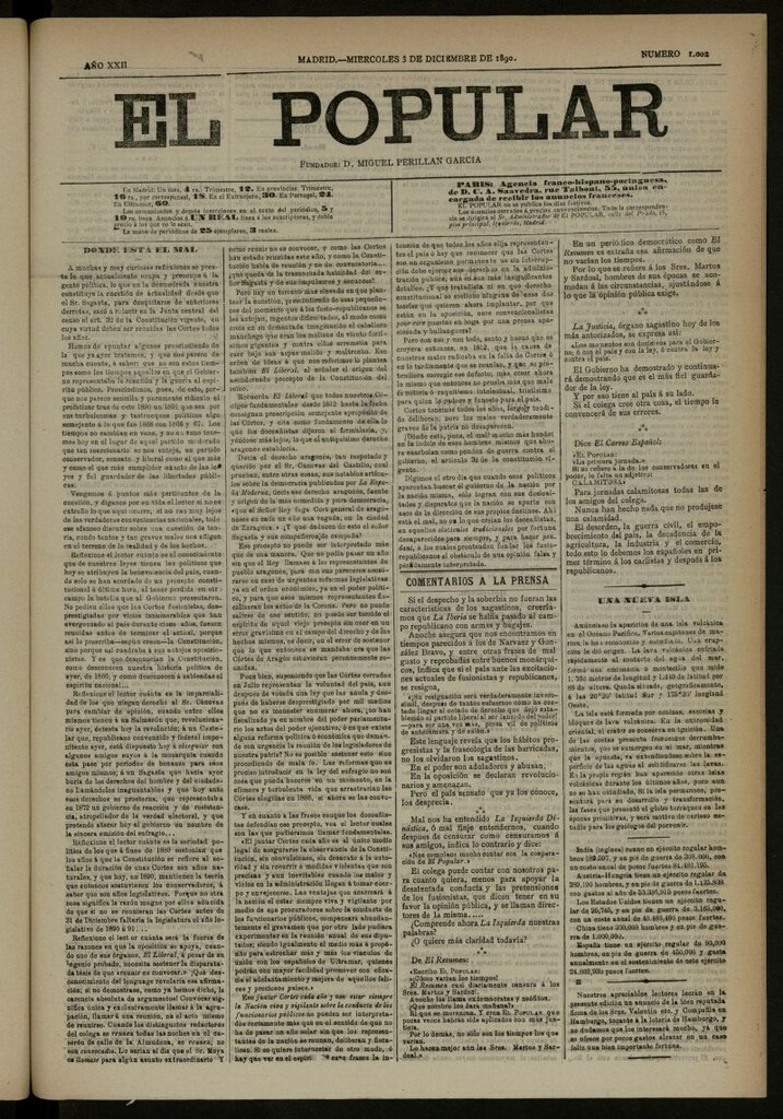 Miniatura de El Popular: diario independiente, político, literario y de noticias de interés general del 3 de diciembre de 1890, nº 1002 [sic]