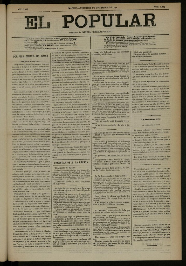 Miniatura de El Popular: diario independiente, político, literario y de noticias de interés general del 5 de diciembre de 1890, nº 1004 [sic]