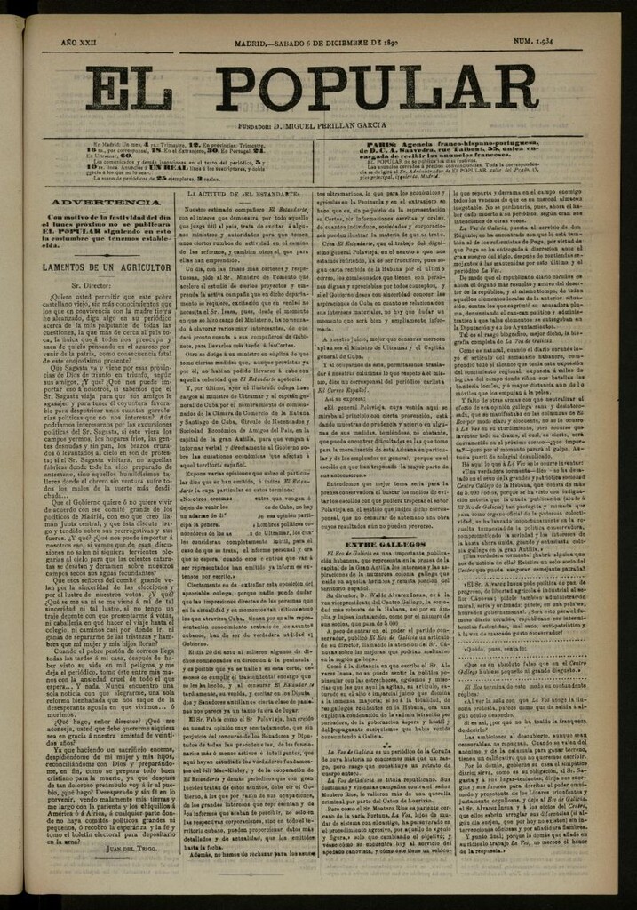 Miniatura de El Popular: diario independiente, político, literario y de noticias de interés general del 6 de diciembre de 1890, nº 1934 [sic]