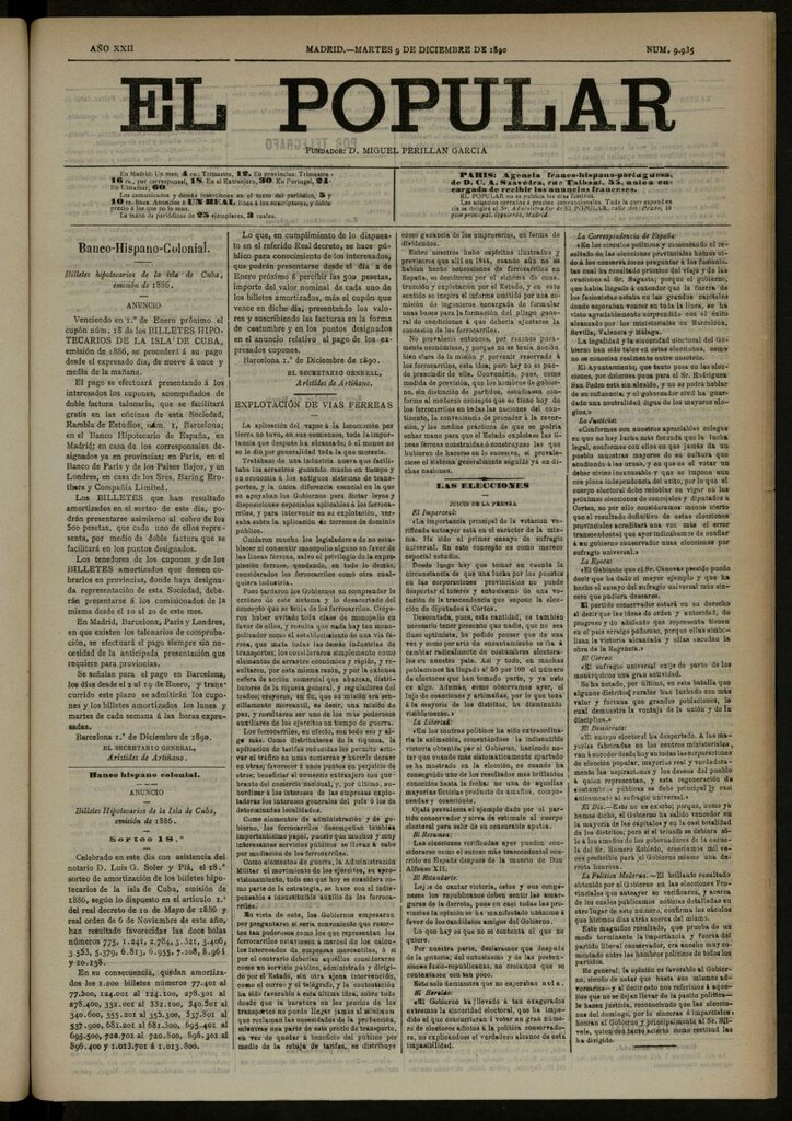 Miniatura de El Popular: diario independiente, político, literario y de noticias de interés general del 9 de diciembre de 1890, nº 9935