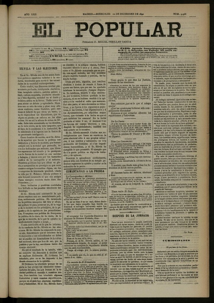 Miniatura de El Popular: diario independiente, político, literario y de noticias de interés general del 10 de diciembre de 1890, nº 9936