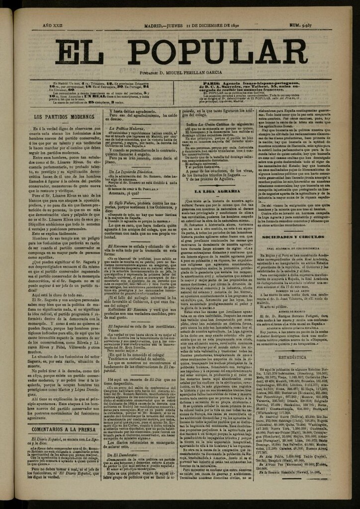 Miniatura de El Popular: diario independiente, político, literario y de noticias de interés general del 11 de diciembre de 1890, nº 9937