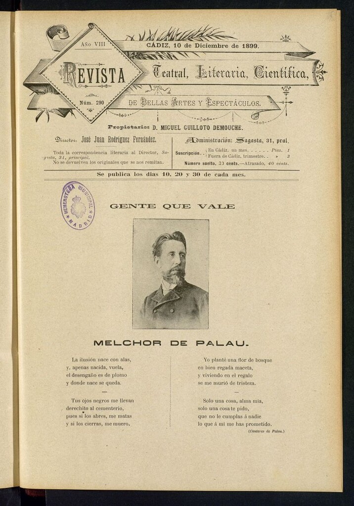Miniatura de Revista Teatral, Literaria, Científica, de Bellas Artes y Espectáculos. Nº 290